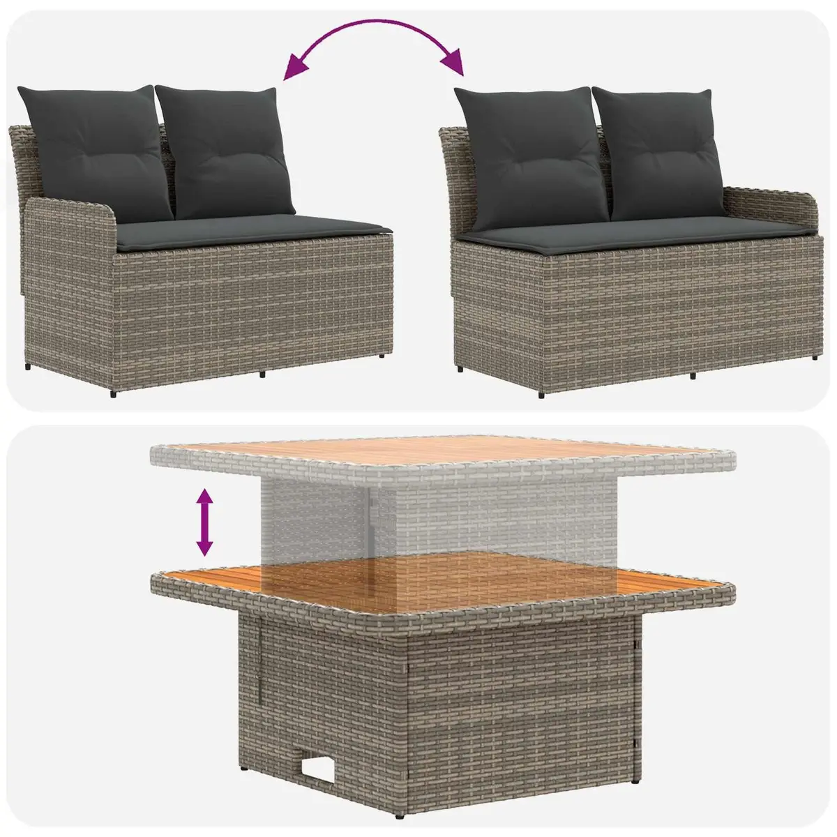 Grey Outdoor Indoor Lounge Set 6 Pieces with Cushions PE Rattan and Powder Coated Steel Frame for Patio Garden Living Room