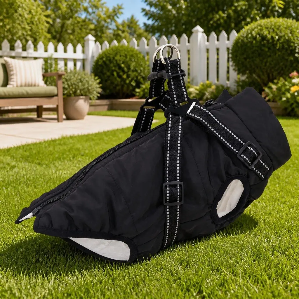 Dog Coat L24 Black Waterproof Windproof Adjustable Reflective Fleece Polyester