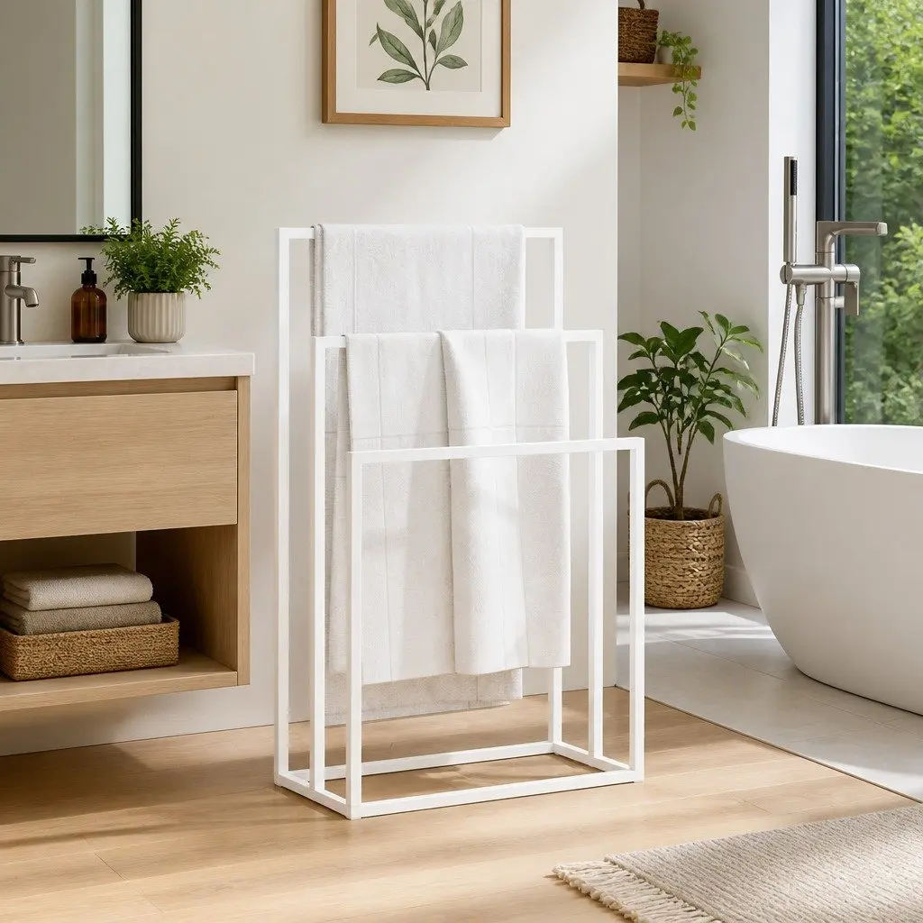Freestanding Towel Rack 3 Tier White Iron Frame Bathroom Storage Organiser