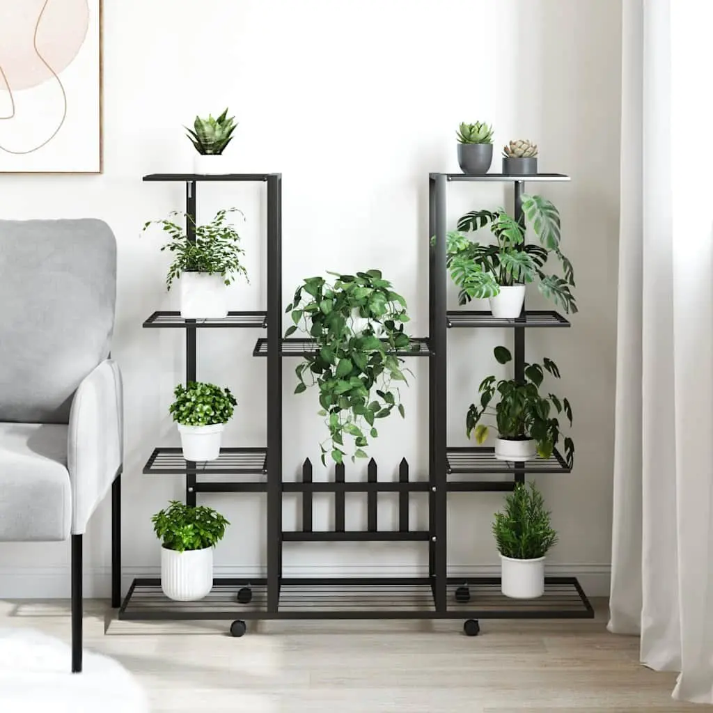 Plant Stand with Wheels Black Iron Display Shelf for Indoor Outdoor Gardening