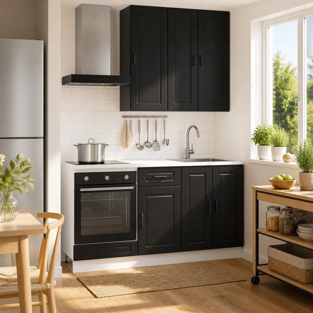 5 Piece Adjustable Storage Unit Modern Black Kitchen Cabinet System Engineered Wood