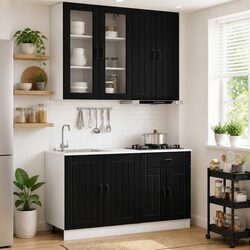 Kitchen Cabinet Unit 4 Piece Black Engineered Wood Storage Cupboard Set