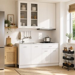Kitchen Unit LYON 4 Piece White Engineered Wood Storage Cabinet Set Furniture