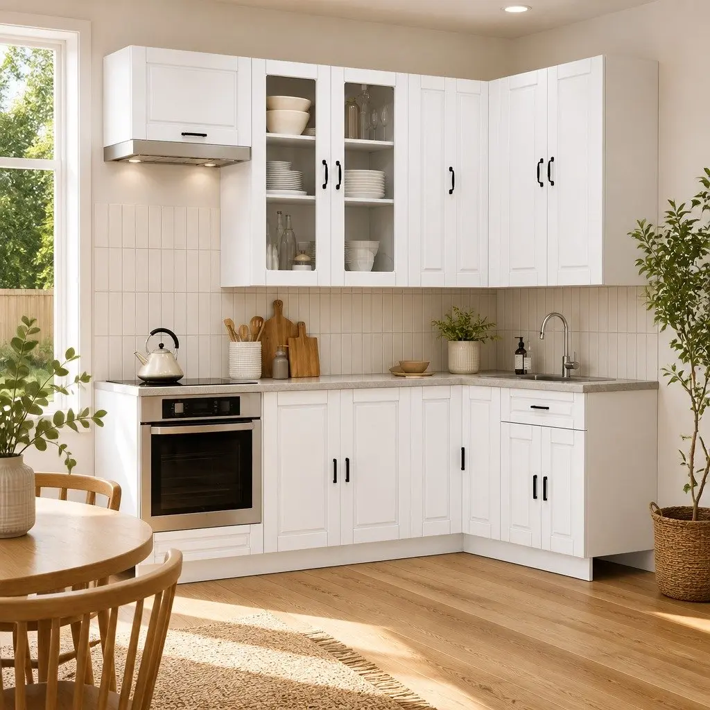 8 Piece Adjustable Feet White Engineered Wood Kitchen Cabinet Storage Unit