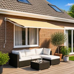 Transform Your Outdoor Space with Our Yellow and White Awning Fabric