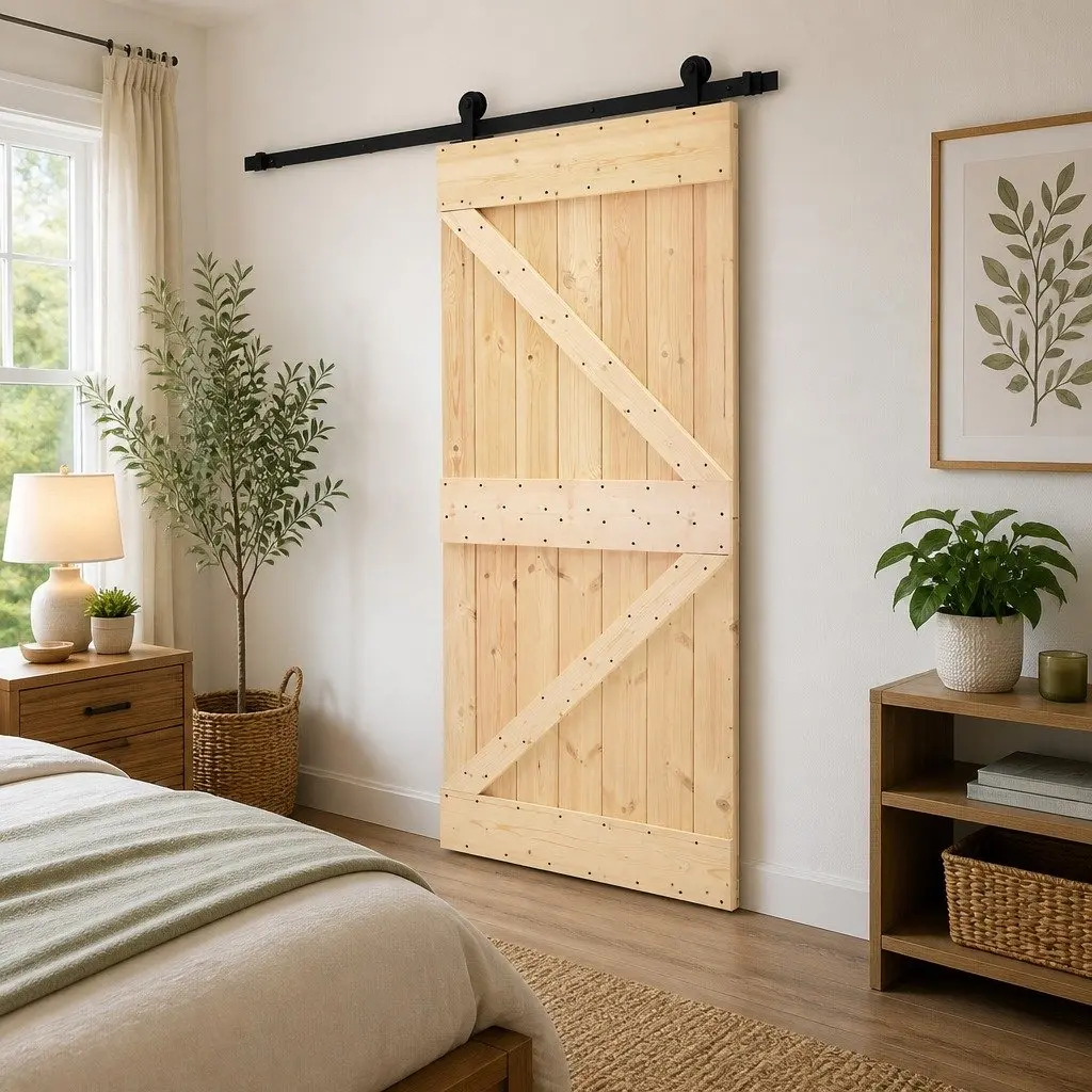 Sliding Door 80 x 210 cm Solid Pine Wood Natural Brown Black Modern Room Divider