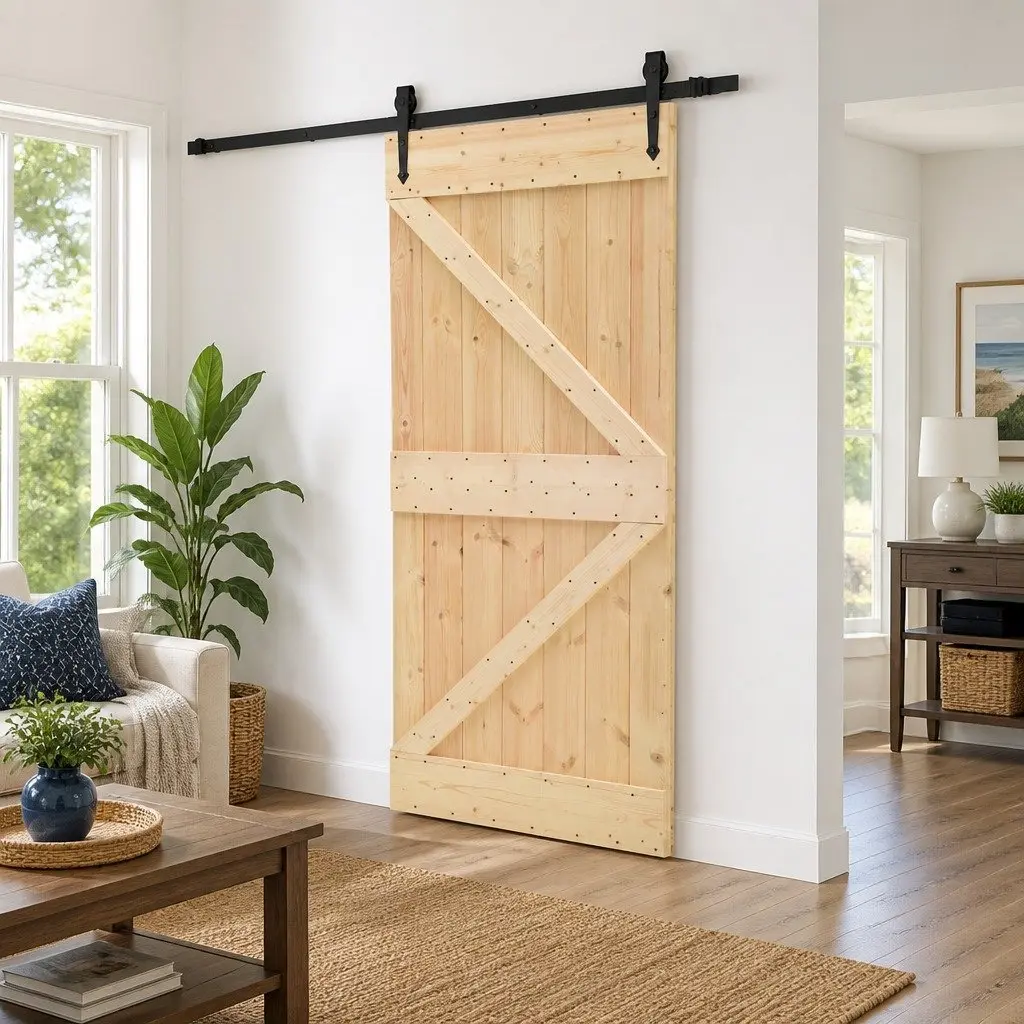 Sliding Door 90 x 210 cm Solid Pine Wood Top Sliding Mechanism Modern Interior Room Divider