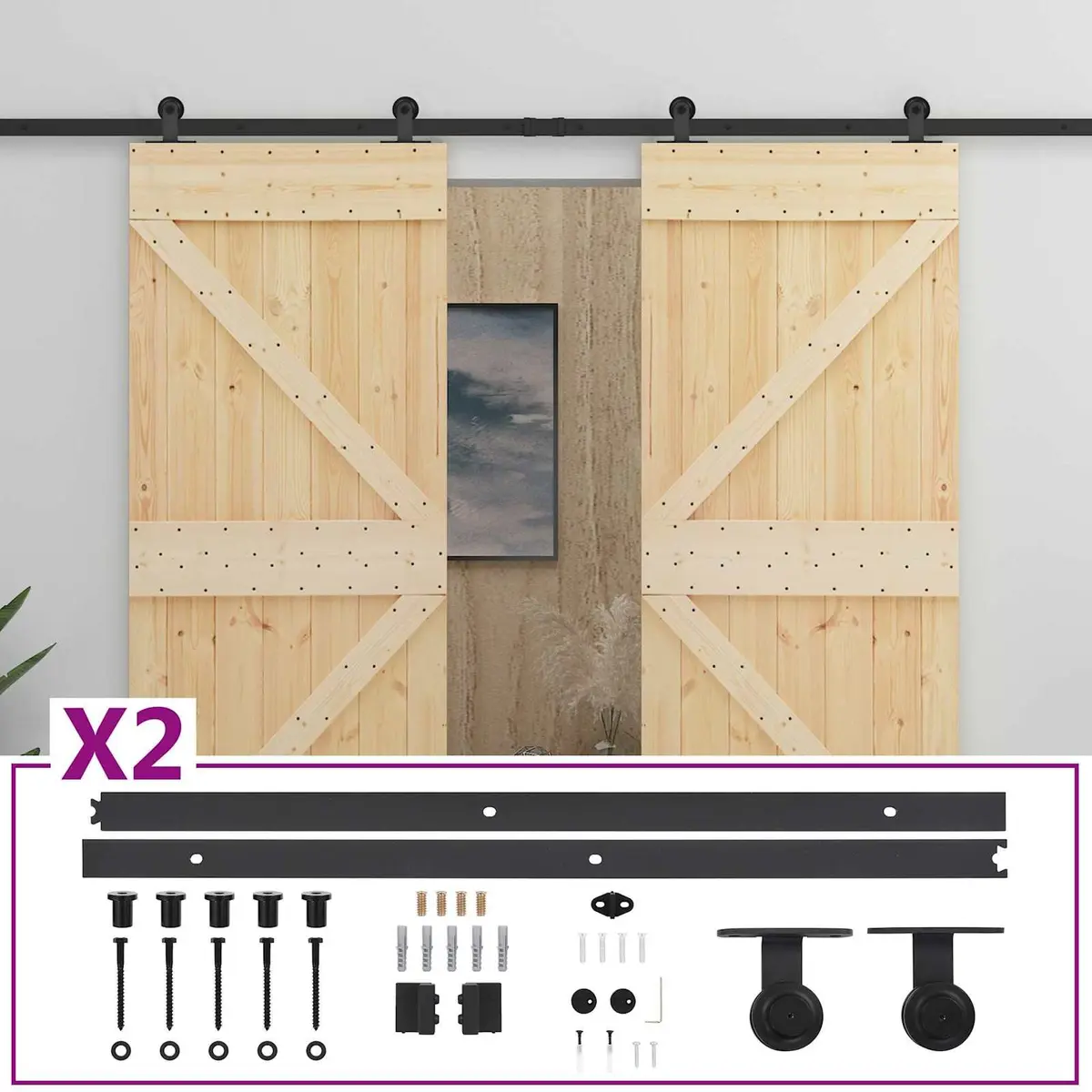 Sliding Door 2 Pcs Solid Pine Wood Space Saving Track System