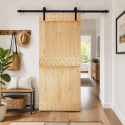 Sliding Door Natural Brown Pine Wood Modern Space-Saving Interior Entrance