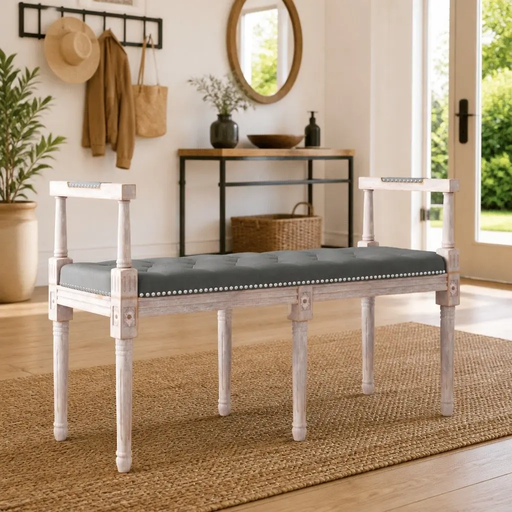 Fabric Bench Grey Tufted Padded Cushion Wooden Legs for Living Room Foyer Entryway