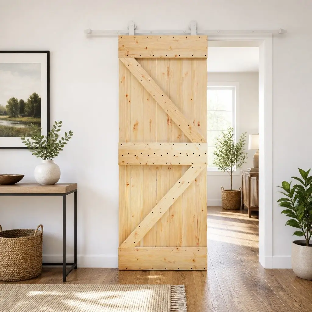 Sliding Door 80 x 210 cm Solid Pine Wood Natural White Modern Interior Room