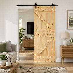 Sliding Door Modern Design Pine Wood Frame Black Track Space Saving Room Divider
