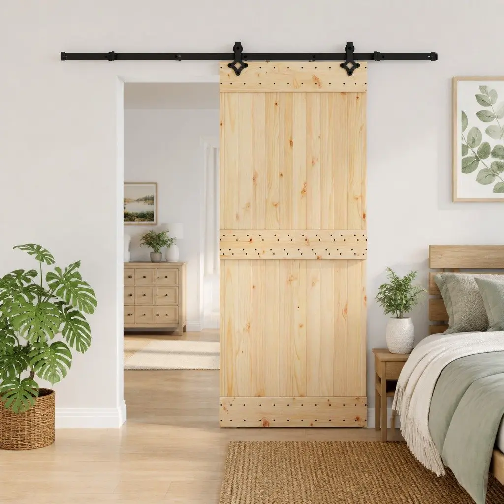 Sliding Door 85x210cm Modern Room Divider Natural Pine Wood Black Track