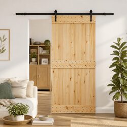 Stylish Pine Wood Sliding Door and Black Track for Room Division 95 x 210 cm
