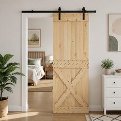 Space-Saving Sliding Door in Pine Wood and Steel