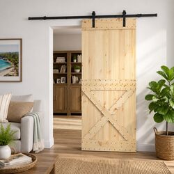 Sliding Door Natural Wood Black Frame Modern Space-Saving Room Divider 95x210cm