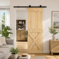 Sliding Door Natural Brown Black Frame 70x210cm Modern Room Divider Space-Saving