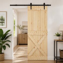 Sliding Door Natural Pine Wood Black Track Modern Room Divider Space-Saving