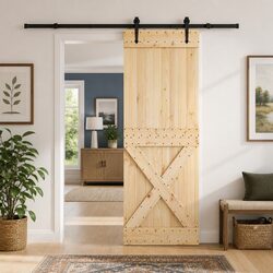 Space-Saving Pine Wood Sliding Door with Black Track