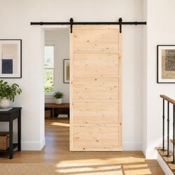 Space-Saving Sliding Door 90 x 208 cm Natural Pine & Black Track