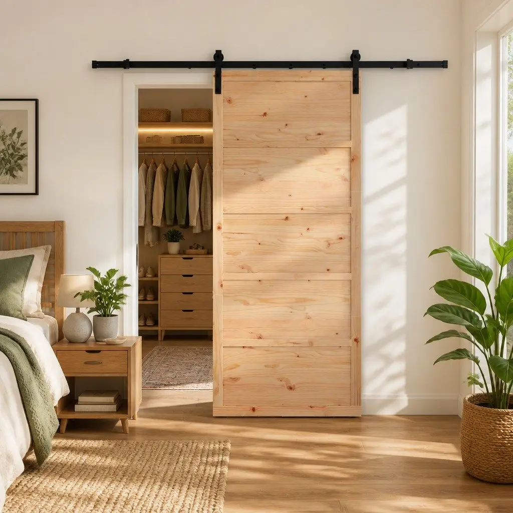 Sliding Door 80 x 208 cm Solid Pine Wood Natural Brown Top Track Space-Saving