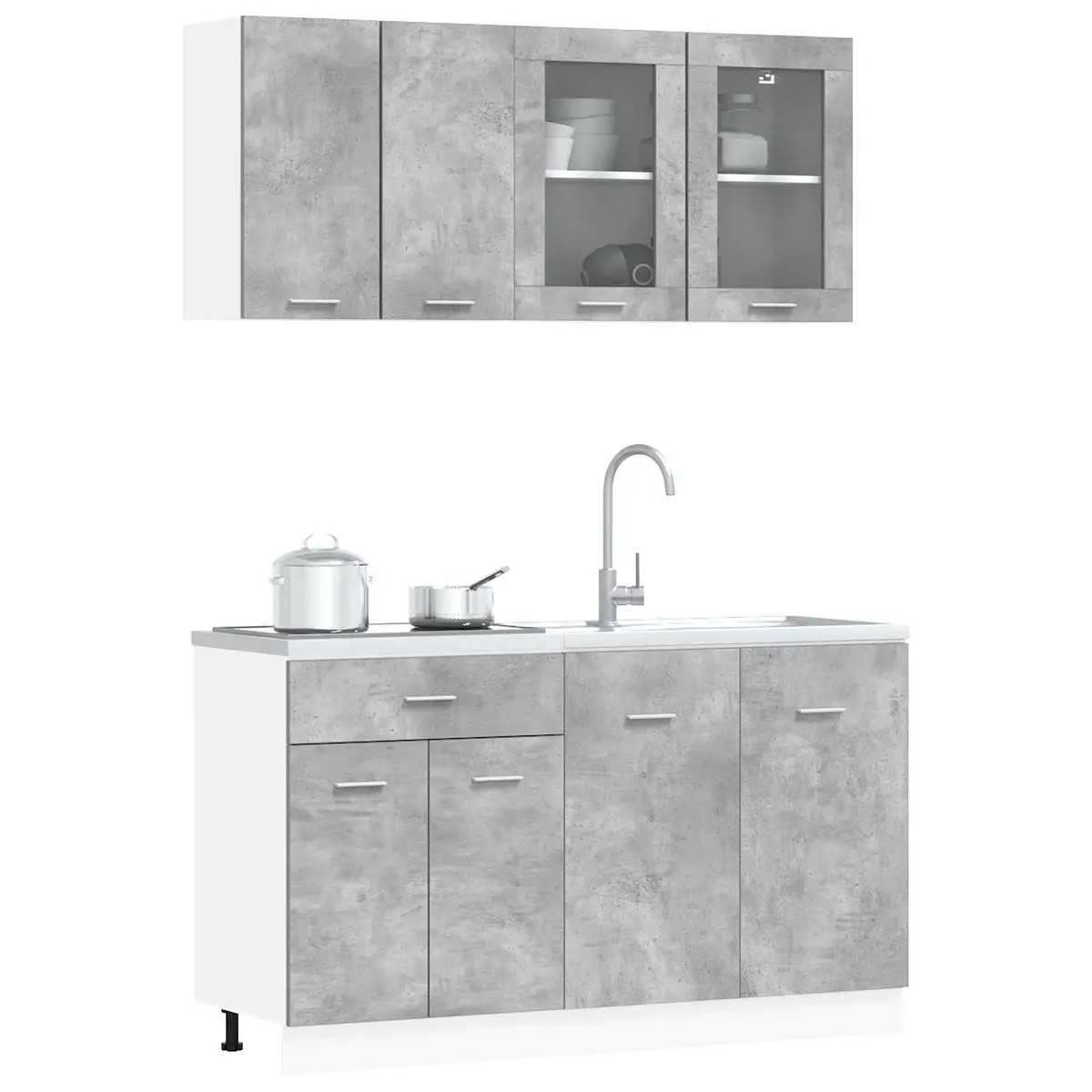 4 Piece Grey Engineered Wood Kitchen Cabinet Set with Storage Drawers Shelves and Adjustable Feet