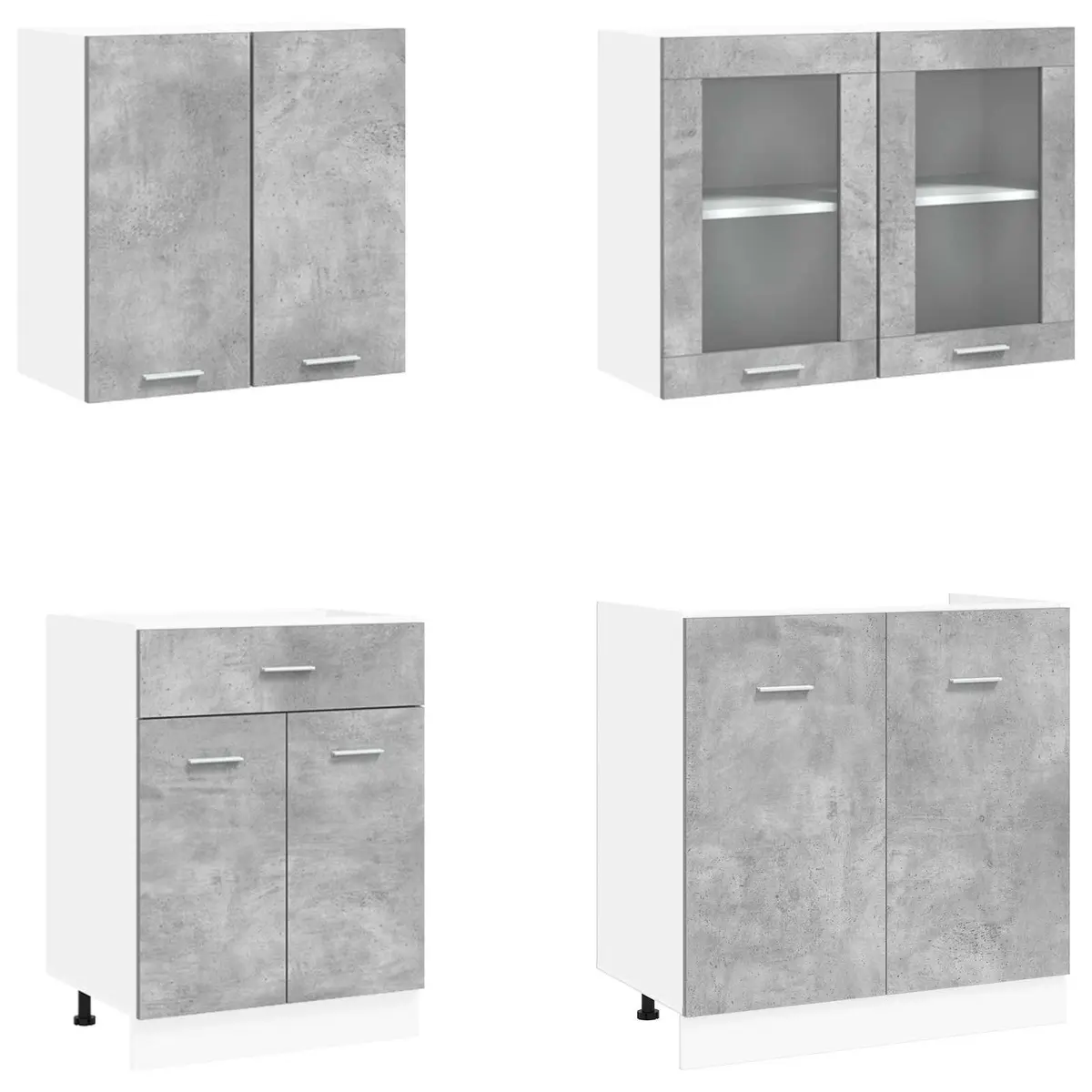 4 Piece Grey Engineered Wood Kitchen Cabinet Set with Storage Drawers Shelves and Adjustable Feet