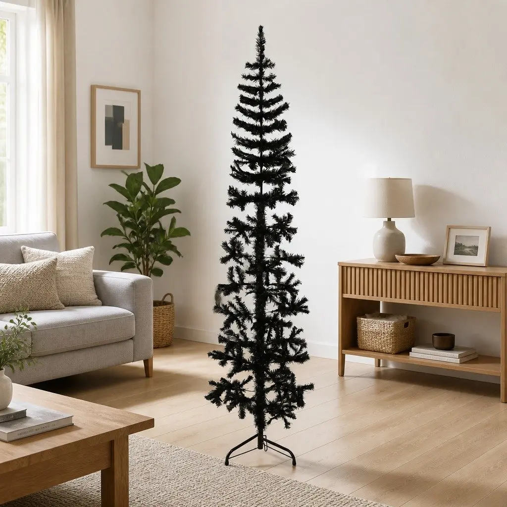Slim Artificial Half Christmas Tree with Stand Black 210cm Holiday Decoration