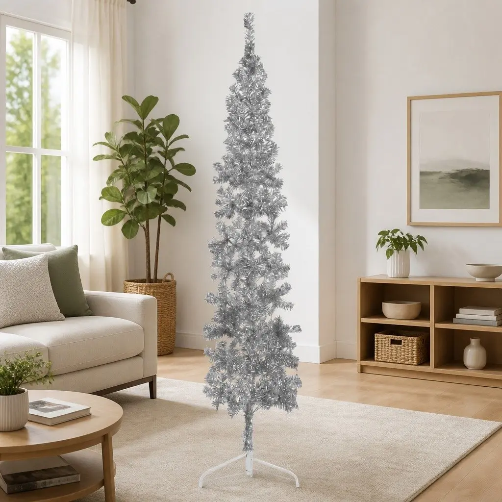 Slim Artificial Half Christmas Tree with Stand 210cm Silver Holiday Home Decor