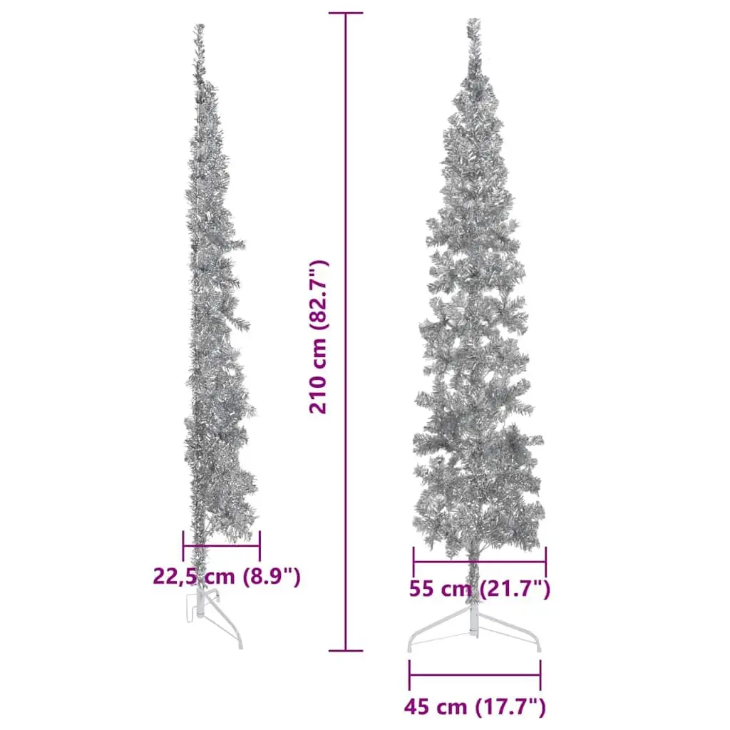 Slim Artificial Half Christmas Tree with Stand 210cm Silver Holiday Home Decor