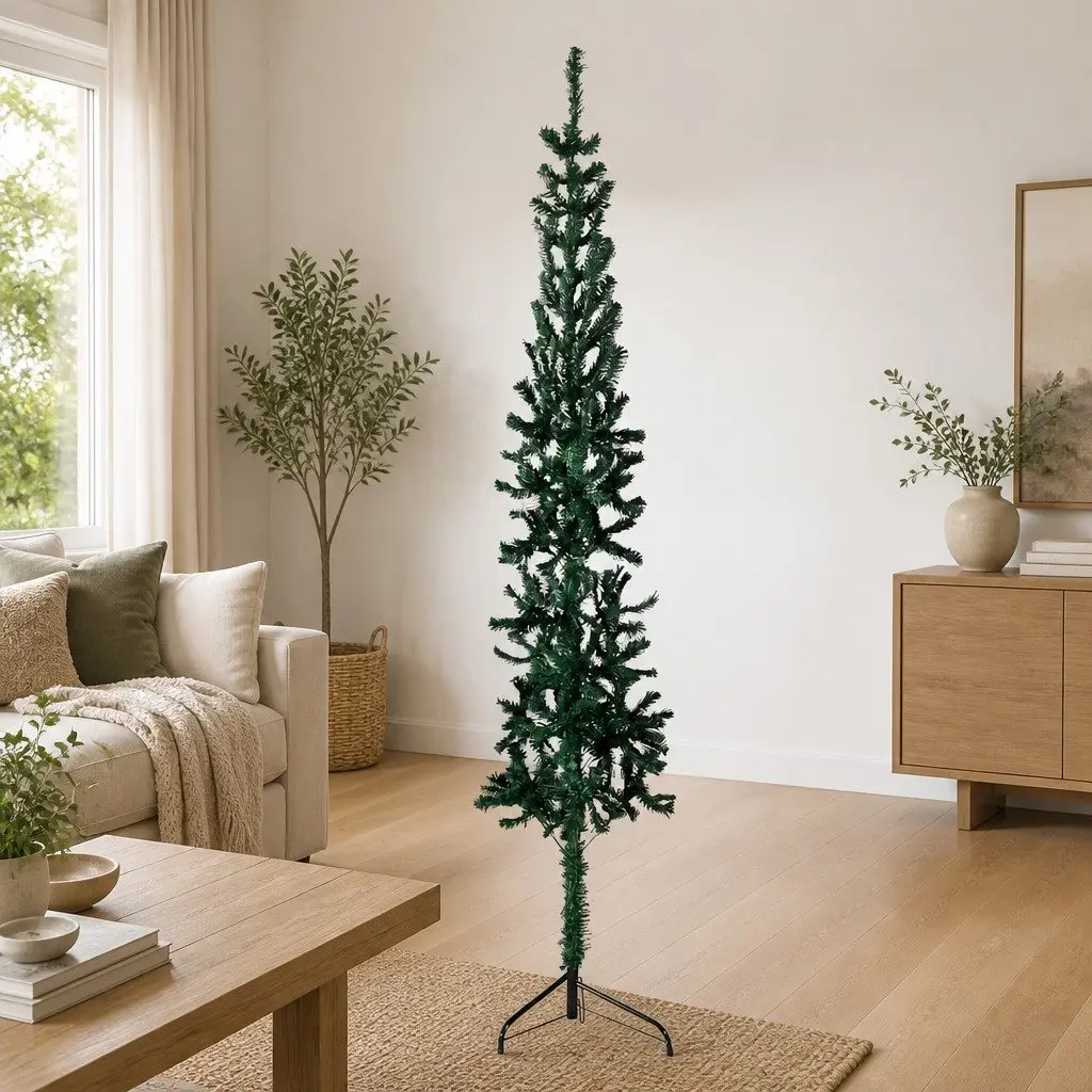 Slim Artificial Half Christmas Tree with Stand Green 150cm Space Saving Holiday