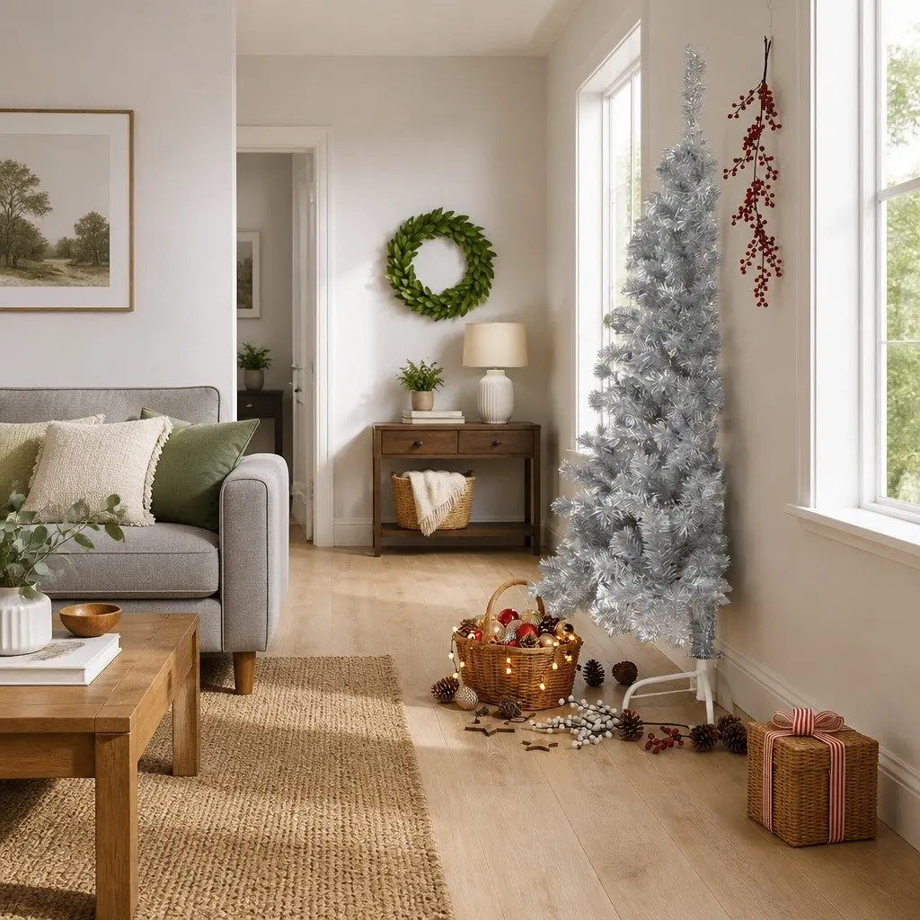 Artificial Half Christmas Tree with Stand Silver 180cm Bushy PET Holiday Decor