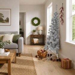 Artificial Half Christmas Tree with Stand Silver 180cm Bushy PET Holiday Decor