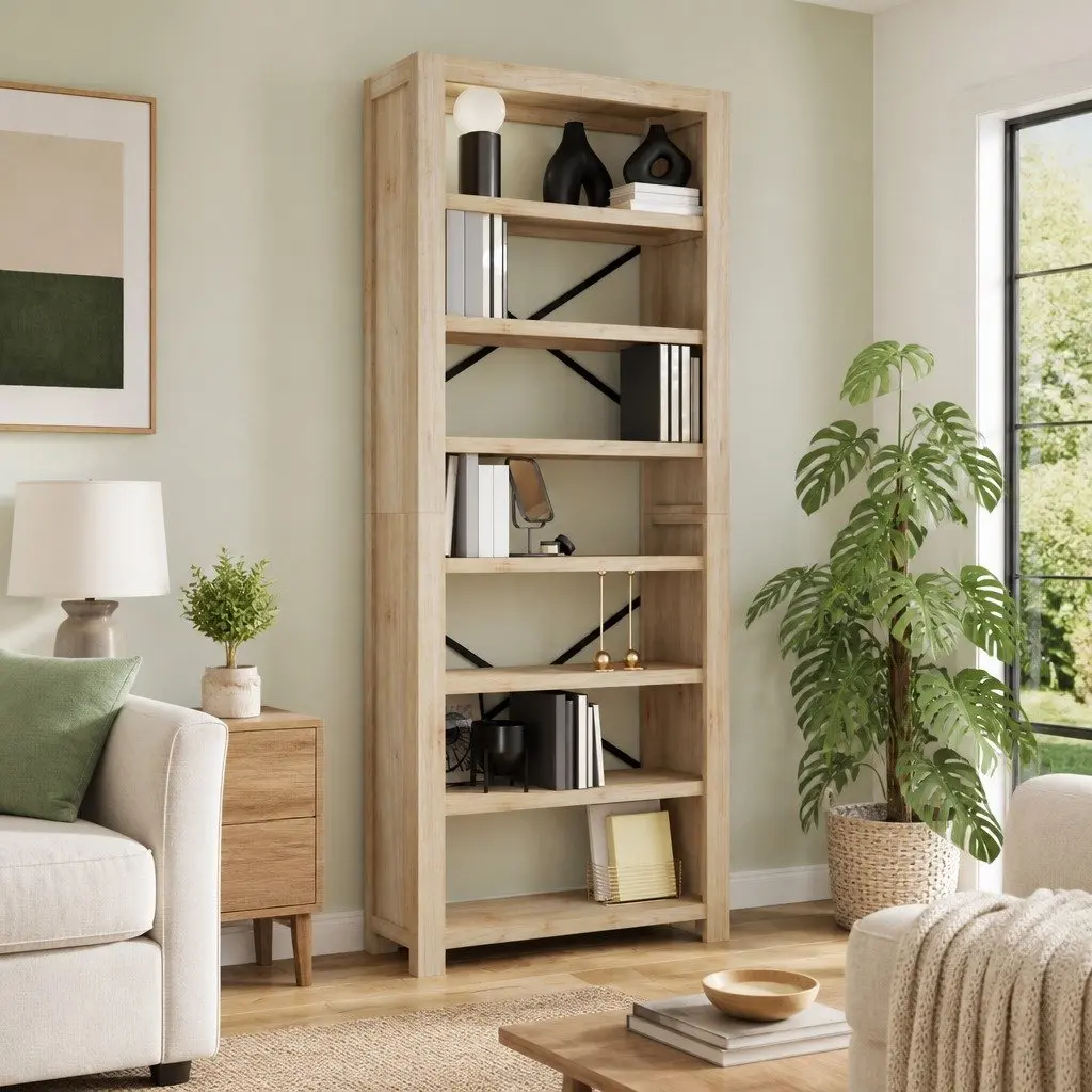 7-Tier Wooden Bookcase 80x30x200cm Durable Acacia Brown Shelving Unit Storage Organiser