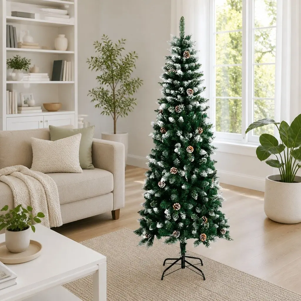 Artificial Christmas Tree 240cm Green PVC Hinged Branches Pre-Decorated with Cones Artificial Snow and Glitter