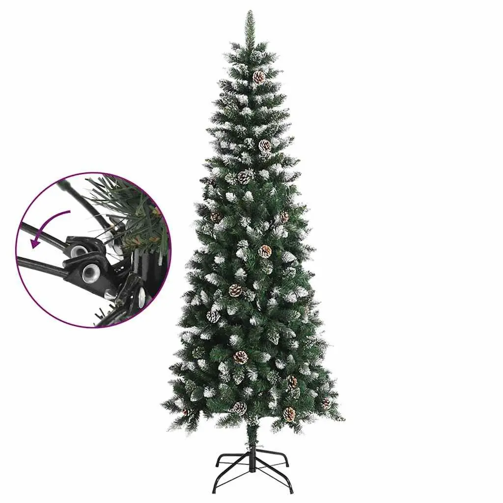 Artificial Christmas Tree 240cm Green PVC Hinged Branches Pre-Decorated with Cones Artificial Snow and Glitter
