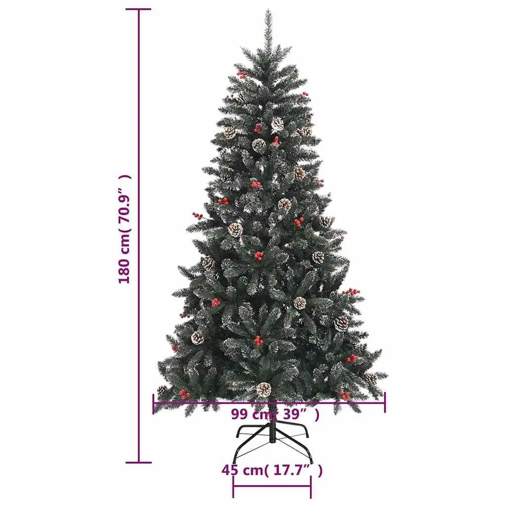 180 cm Green Artificial Christmas Tree PVC Hinged Branches Predecorated with Cones Berries and Snow