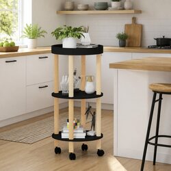 3-Tier Kitchen Trolley Black Storage Cart Engineered Wood Wheels Lockable