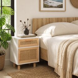 Bedside Cabinet White Engineered Wood Drawer Rattan Weaving Storage Compartment