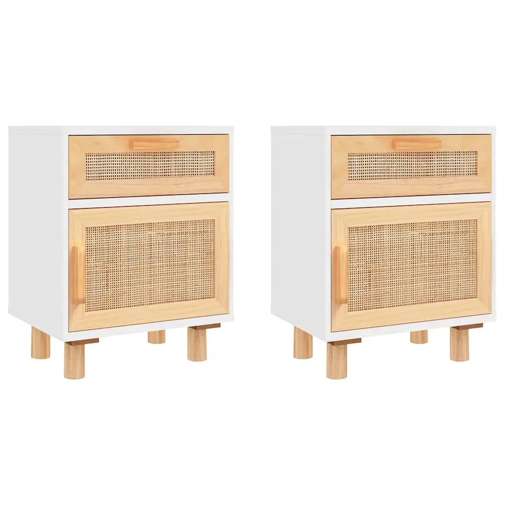 White Bedside Tables 2 Piece Storage Rattan Drawer Solid Pine Wood Scandinavian Style
