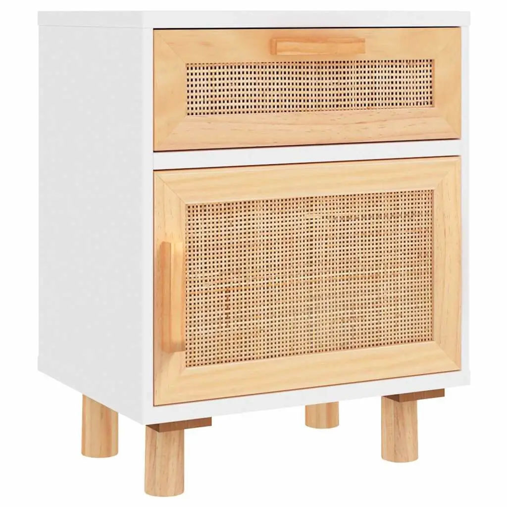 White Bedside Tables 2 Piece Storage Rattan Drawer Solid Pine Wood Scandinavian Style