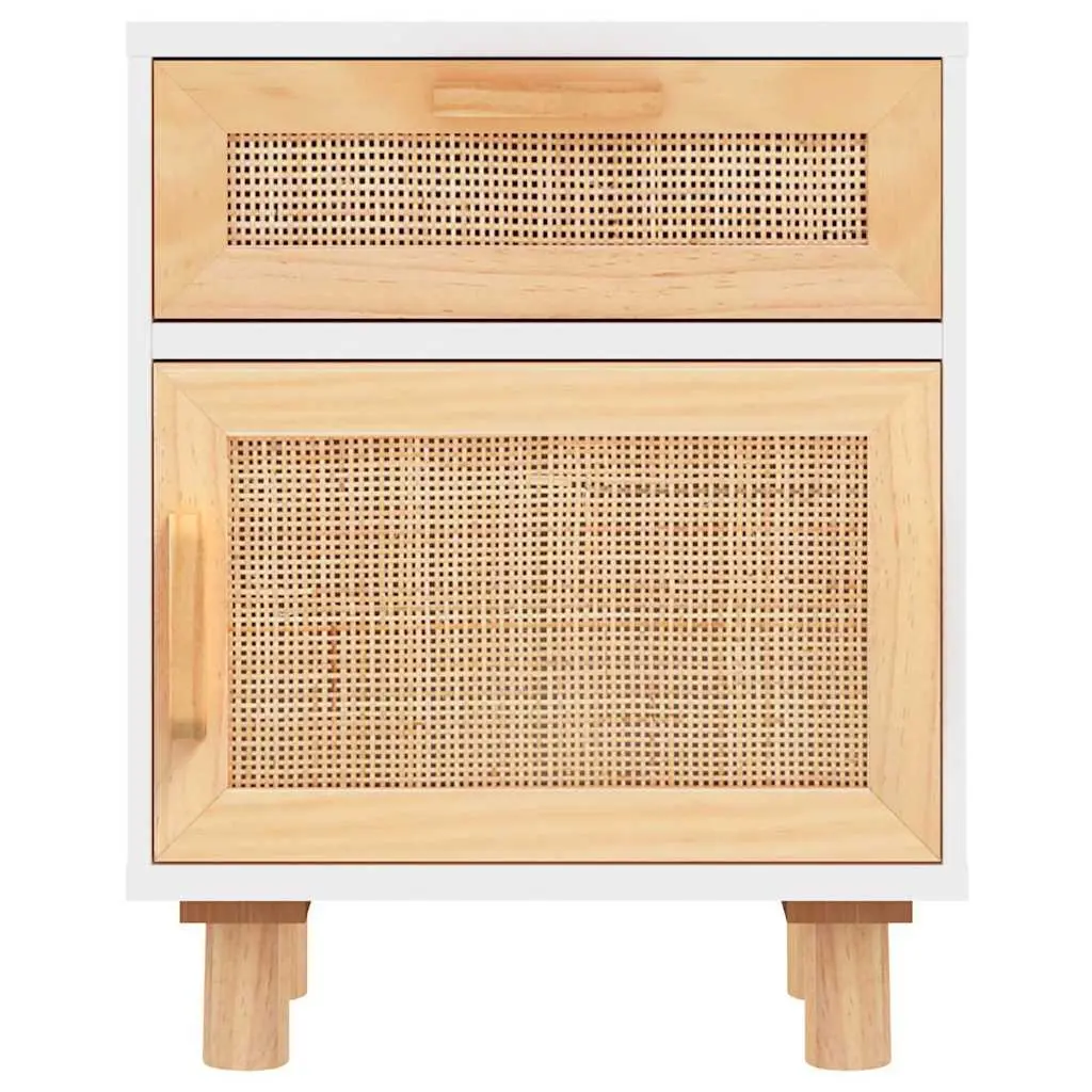 White Bedside Tables 2 Piece Storage Rattan Drawer Solid Pine Wood Scandinavian Style