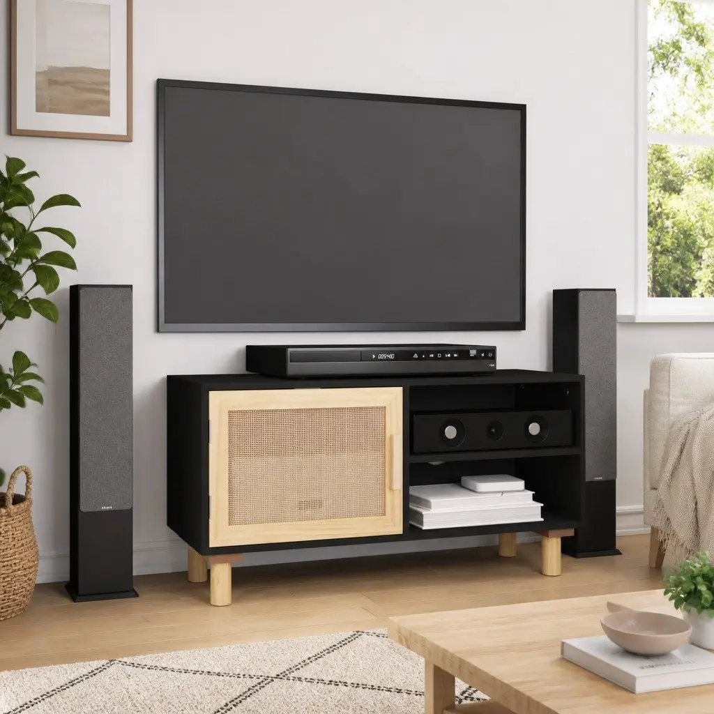 TV Cabinet Black 3 Compartments Rattan Door Solid Wood Feet