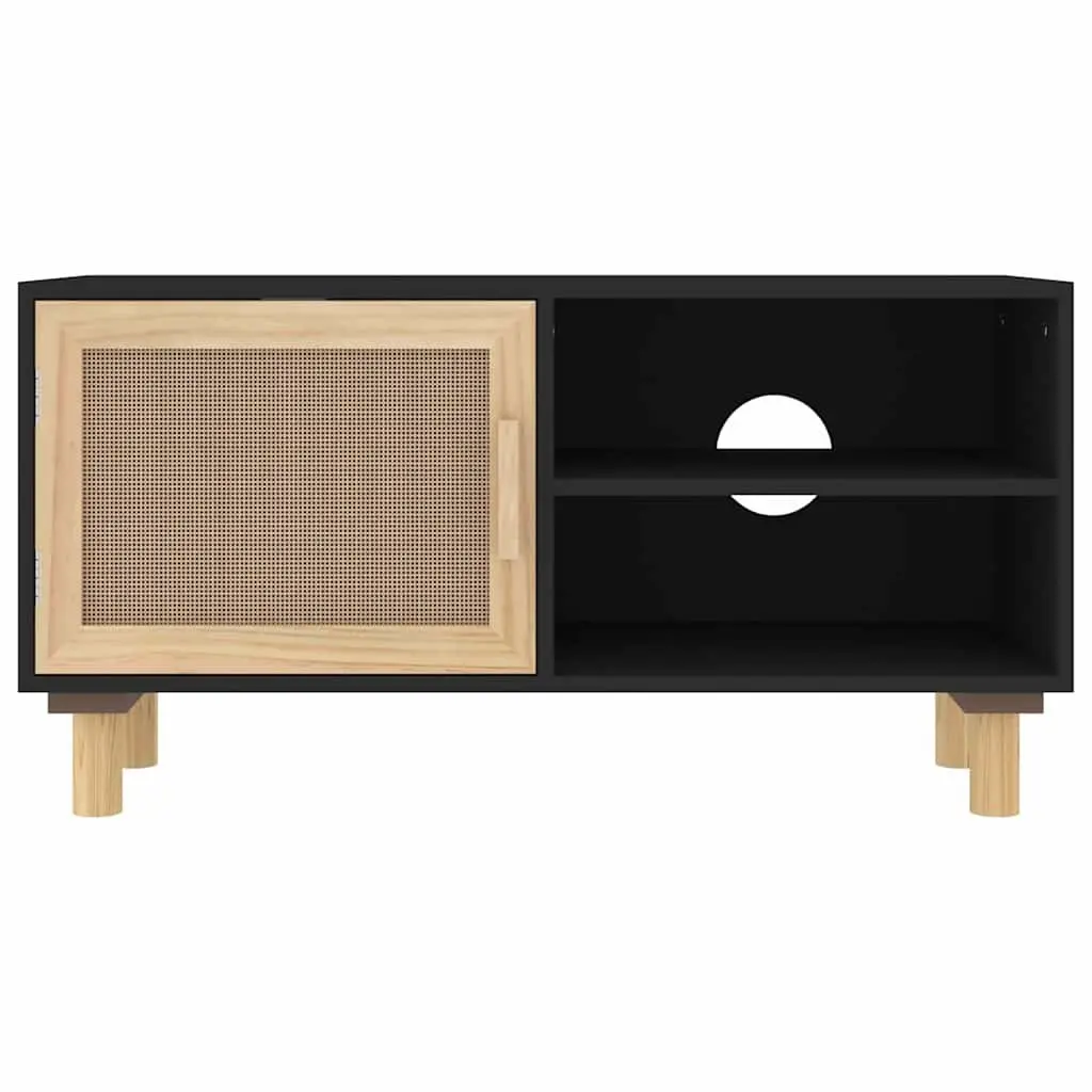 TV Cabinet Black 3 Compartments Rattan Door Solid Wood Feet