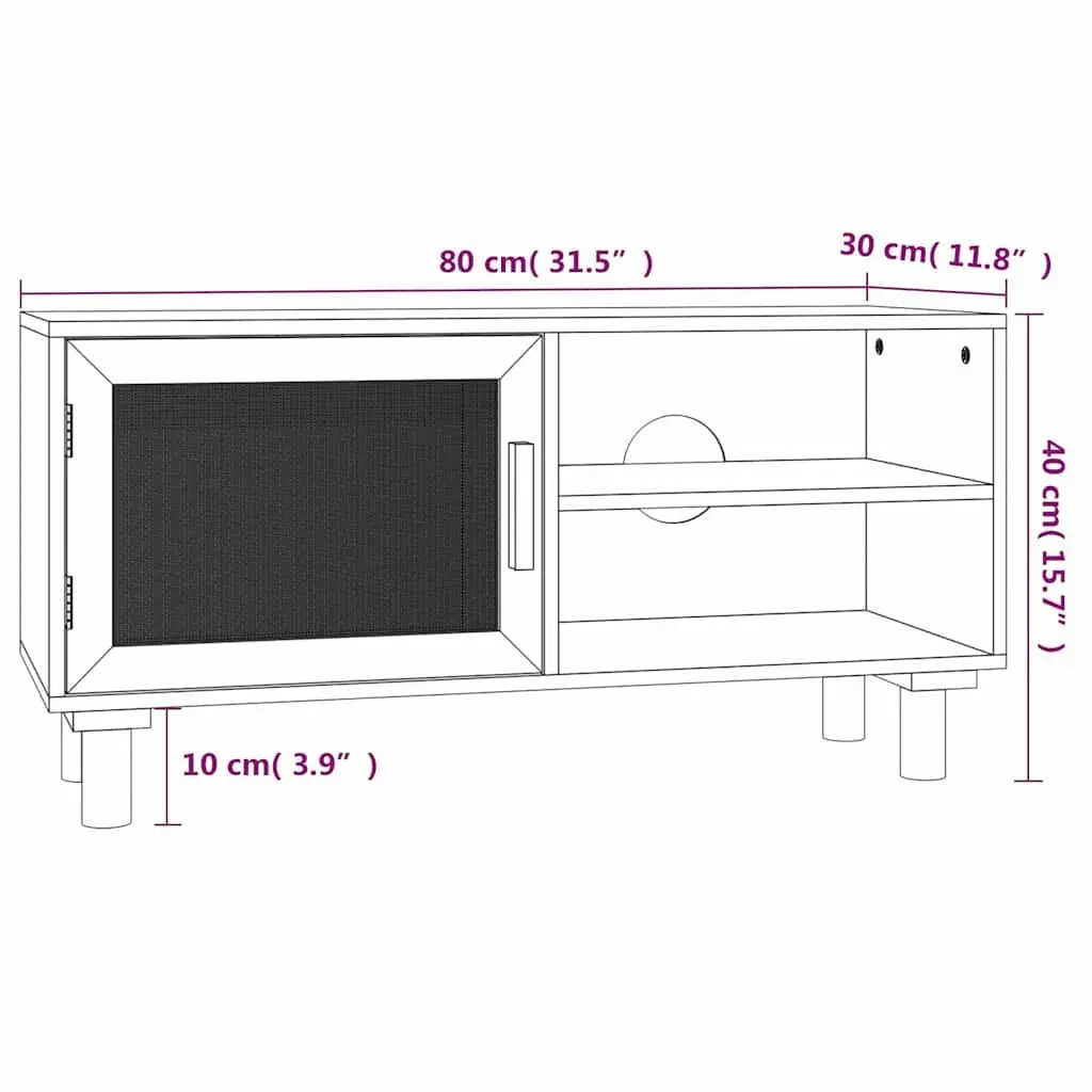TV Cabinet Black 3 Compartments Rattan Door Solid Wood Feet