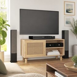TV Cabinet Brown Storage Unit 3 Compartments Rattan Door Solid Wood Feet