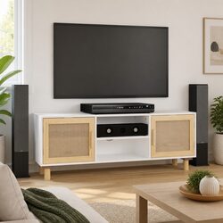 TV Cabinet White 105x30x40 cm Storage Unit with Rattan Door Compartments