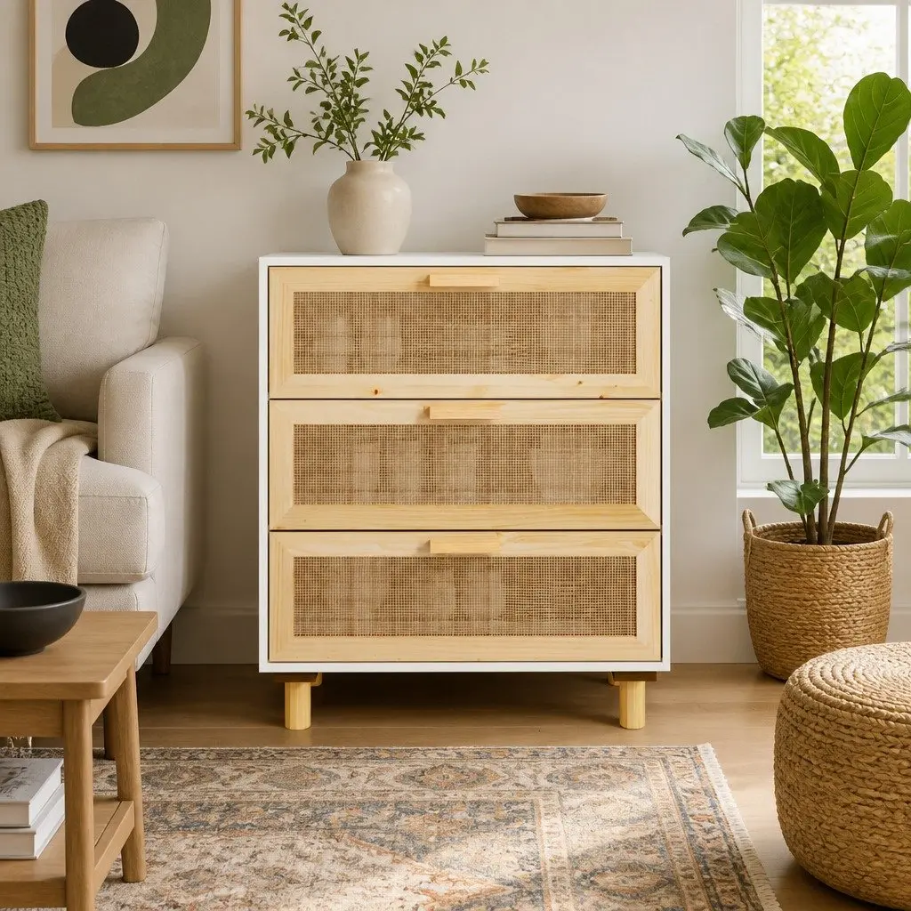 Sideboard White 60x30x70 cm Storage Cabinet with 3 Drawers and Rattan Weaving