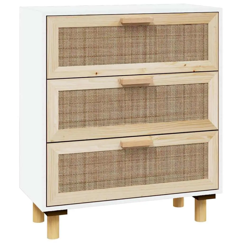 Sideboard White 60x30x70 cm Storage Cabinet with 3 Drawers and Rattan Weaving