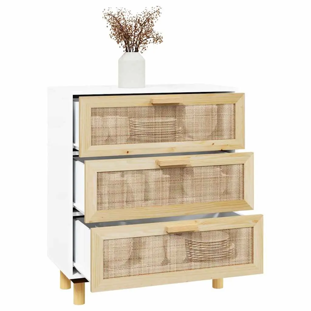 Sideboard White 60x30x70 cm Storage Cabinet with 3 Drawers and Rattan Weaving